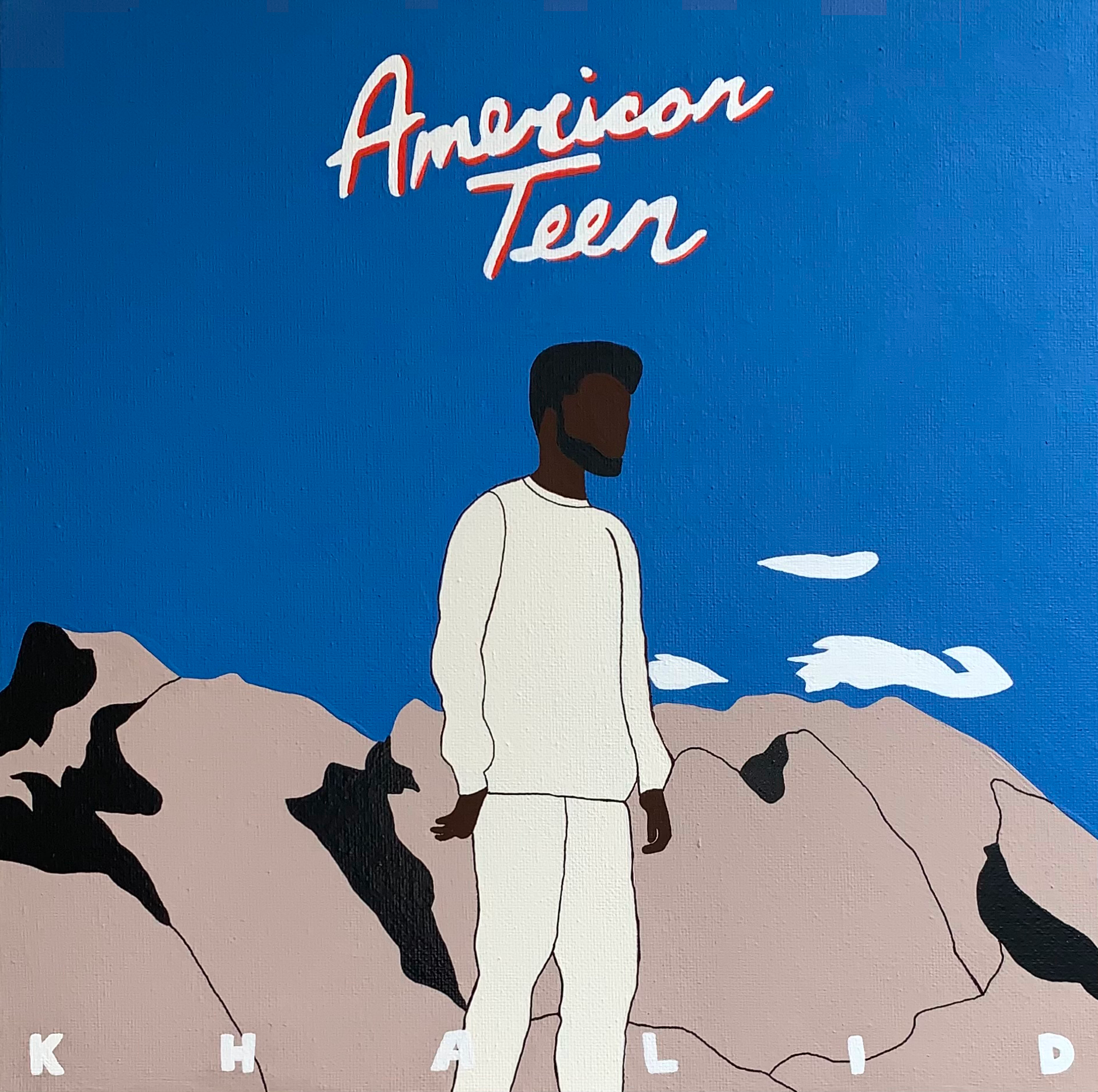 Khalid "American Teen" album cover. Cartoon style man wearing white long-sleeve shirt
                and pants standing in front of tan mountains with black shadow and medium blue sky. "American 
                Teen" written in white lettering with red shadow above man.