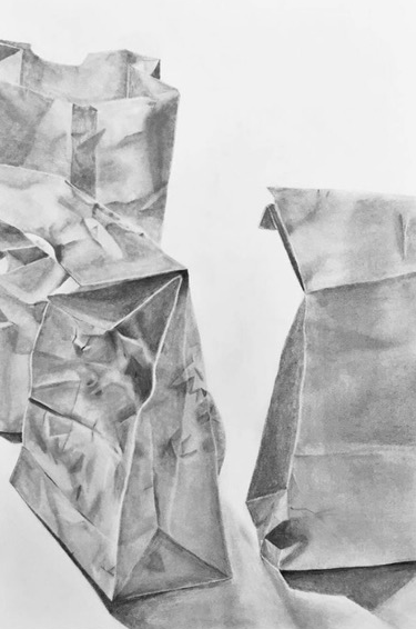 Graphite on white paper drawing of cumpled and folded paper bags.