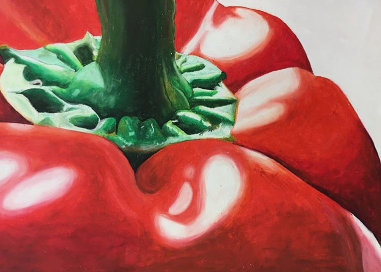 Red pepper with green stem drawn with oil pastel on white background.