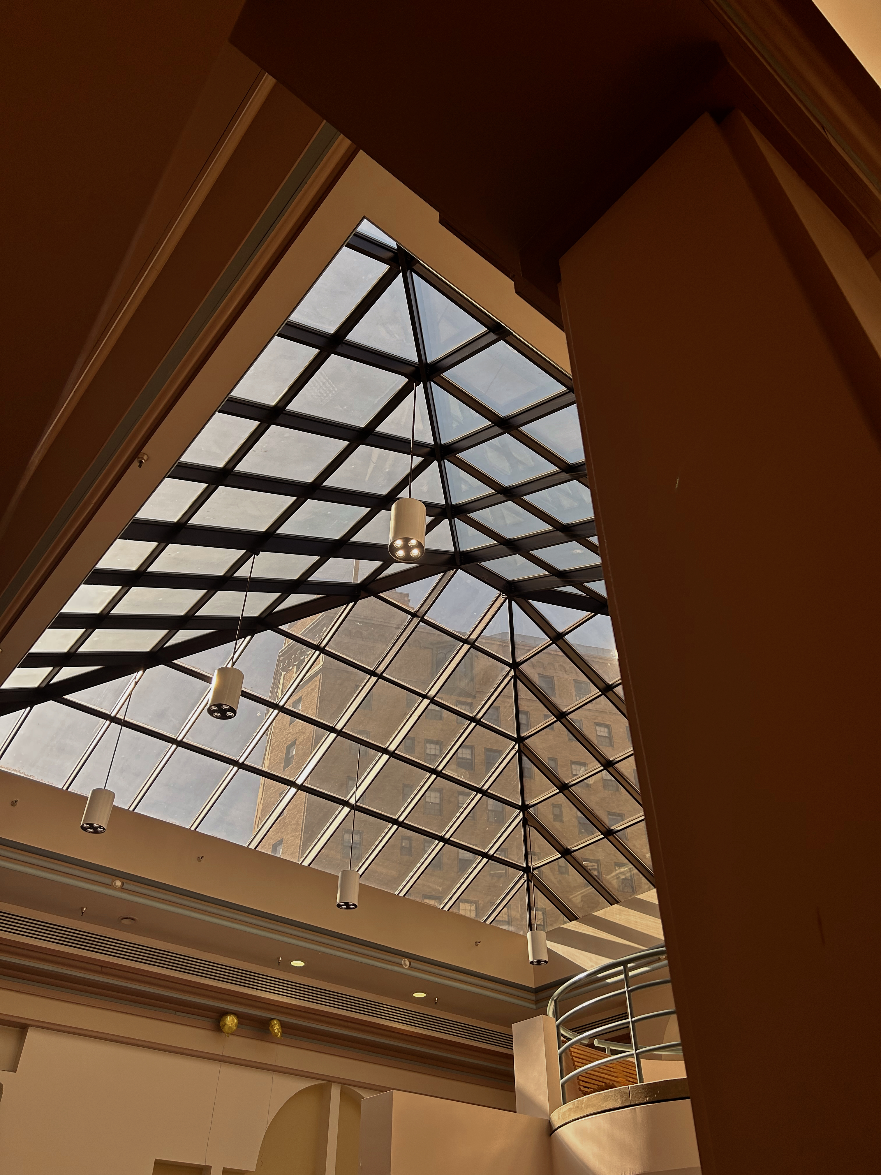 Window ceiling in William Pitt Union. Shades of brown and tan in architecture.